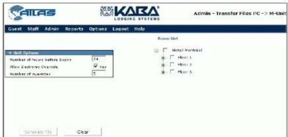 KARAS KARAS LOGING SYSTEMS Admin - Transfer Files PC -> M-Unit Guest Staff Admin Resorts Options Layout Help M-Unit Options Number of hours before inquiry 24 Allow Secondary Orders Yes Year Number of quarters 5 Hotel Module1 Floor 1 Floor 2 Floor 3 Generate File Clear