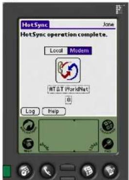 HotSync Jone HotSync operation complete. Local Modem RT & T WorldNet 0 Log Help