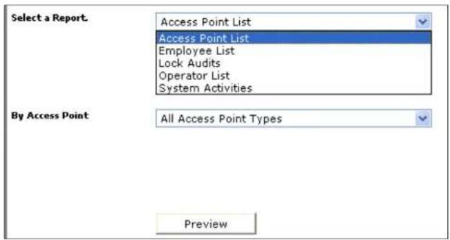 Select a Report. Access Point List Access Point List Employee List Lock Audits Operator List System Activities By Access Point: All Access Point Types Preview