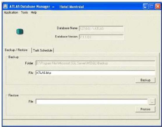 ATLAS Database Manager - Hotel Montréal Application Tools Help Database Name: 127.0.0.1\ATLAS Database Version: 9.1.1.0.6 Backup / Restore | Task Schedule | Backup Folder: D:\Program Files\Microsoft SQL Server\MESQL\Backup File: ATLAS.bkp Backup Restore File: Restore