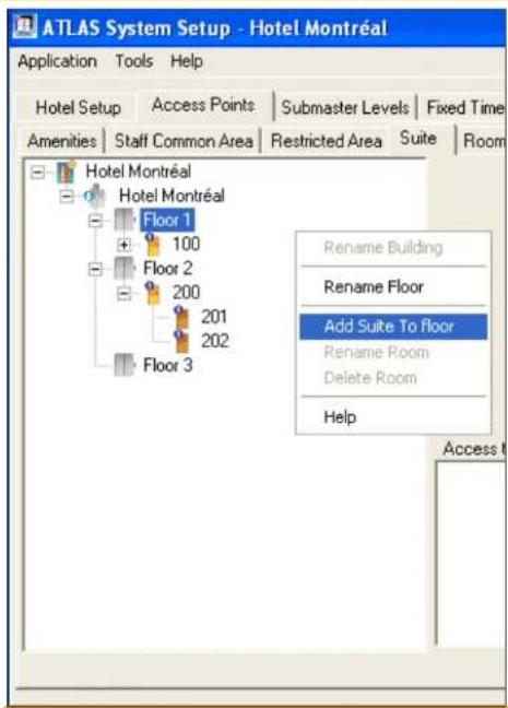 ATLAS System Setup - Hotel Montréal Application Tools Help Hotel Setup Access Points Submaster Levels Fixed Time Amenities Staff Common Area Restricted Area Suite Room Hotel Montréal Hotel Montréal Floor 1 100 Floor 2 200 201 202 Floor 3 Rename Building Rename Floor Add Suite To floor Rename Room Delete Room Help Access
