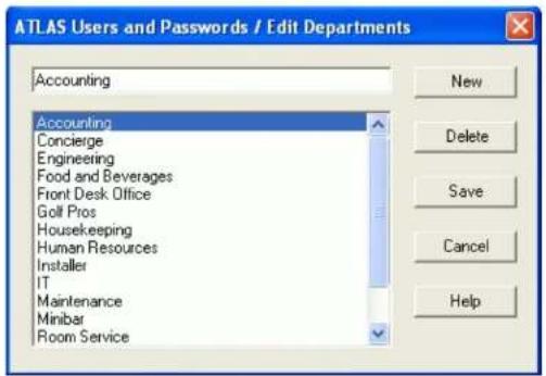 ATLAS Users and Passwords / Edit Departments Accounting New Accounting Concierge Engineering Food and Beverages Front Desk Office Golf Pros Housekeeping Human Resources Installer IT Maintenance Minibar Room Service Delete Save Cancel Help