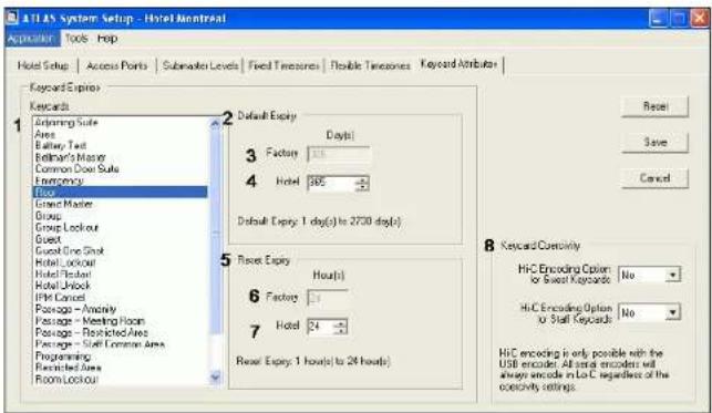 STLA5 System Setup - Hotel Montréal Appraiser Tools Help Hotel Setup Access Points Submaster Levels Feed Timelines Flexible Timelines Keyboard Attributes Keyboard Expires 1 2 3 Default Expiry 4 Factset 115 4 Hotel 365 Default Expiry: 1 day(s) to 2720 day(s) 3 Ground Master Group Group Lockout Guest Guest One Slot Hotel, Unknown Hotel Pocket Hotel Unlock IPM Cancel Passage - Anthony Passage - Meeting Room Passage - Restricted Areas Passage - Staff Common Area Programming Restricted Area Room Lockout 5 Reset Expiry 6 Factset 1 7 Hotel 24 Reset Expiry: 1 hour(s) to 24 hours) 8 Keyboard Cercivity HiC Encoding Option for Sweet Keycards No HiC Encoding Option or Staff Keycards No HiC encoding is only possible with the USB encoder. All slot encoders will always encode in LoC regardless of the cercivity settings.