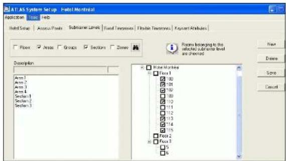 ATLAS System Setup - Panel Montréal Applications: 100 Help Held Setup Assets Paths Substrate Levels Fixed Timelines Flexible Timenses Keycard Attributes Flows Areas Groups Sections Zone Rooms belonging to the selected substrate level and checked Description Area 1 Area 2 Area 3 Area 4 Section 1 Section 2 Section 3 □ Rated Monbles □ Floor 1 □ 100 □ 101 □ 102 □ 103 □ 104 □ 105 □ 106 □ 107 □ 108 □ 109 □ 110 □ 111 □ 112 □ 113 □ 114 □ 115 □ Floor 2 □ Floor 3 □ 5 □ 6