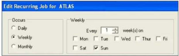 Edit Recurring Job for ATLAS Occurs ○ Daily ● Weekly ○ Monthly Weekly Every 1 week(s) on □ Mon □ Tue □ Wed □ Thur □ Fri □ Sat ▼ Sun
