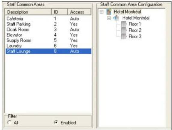 Staff Common Areas Description ID Access Cafeteria 1 Auto Staff Parking 2 Yes Cloak Room 3 Auto Elevator 4 Yes Supply Room 5 Yes Laundry 6 Yes Staff Lounge 8 Auto Filter All Enabled Staff Common Area Configuration Hotel Montréal Hotel Montréal Floor 1 Floor 2 Floor 3