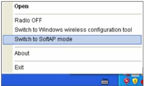 Open Radio OFF Switch to Windows wireless configuration tool Switch to SoftAP mode About Exit