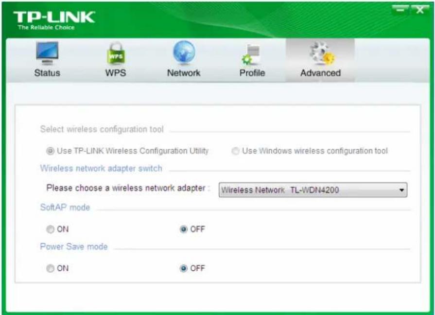 TP-LINK The Reliable Choice Status WPS Network Profile Advanced Select wireless configuration tool © Use TP-LINK Wireless Configuration Utility ○ Use Windows wireless configuration tool Wireless network adapter switch Please choose a wireless network adapter : Wireless Network TL-WDN4200 SoftAP mode ON OFF Power Save mode ON OFF