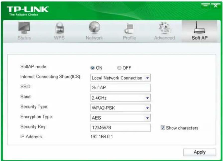 TP-LINK The Reliable Choice Status WPS Network Profile Advanced Soft AP SoftAP mode: ● ON ○ OFF Internet Connecting Share(ICS): Local Network Connection SSID: SoftAP Band: 2.4GHz Security Type: WPA2-PSK Encryption Type: AES Security Key: 12345678 ✓ Show characters IP Address: 192.168.0.1 Apply
