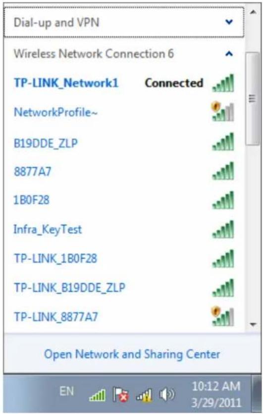 Dial-up and VPN Wireless Network Connection 6 TP-LINK_Network1 Connected NetworkProfile~ B19DDE_ZLP 8877A7 1B0F28 Infra_KeyTest TP-LINK_1B0F28 TP-LINK_B19DDE_ZLP TP-LINK_8877A7 Open Network and Sharing Center EN 10:12 AM 3/29/2011