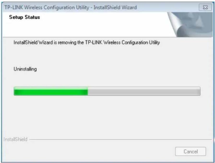 TP-LINK Wireless Configuration Utility - InstallShield Wizard Setup Status InstallShield Wizard is removing the TP-LINK Wireless Configuration Utility Uninstalling InstallShield Cancel