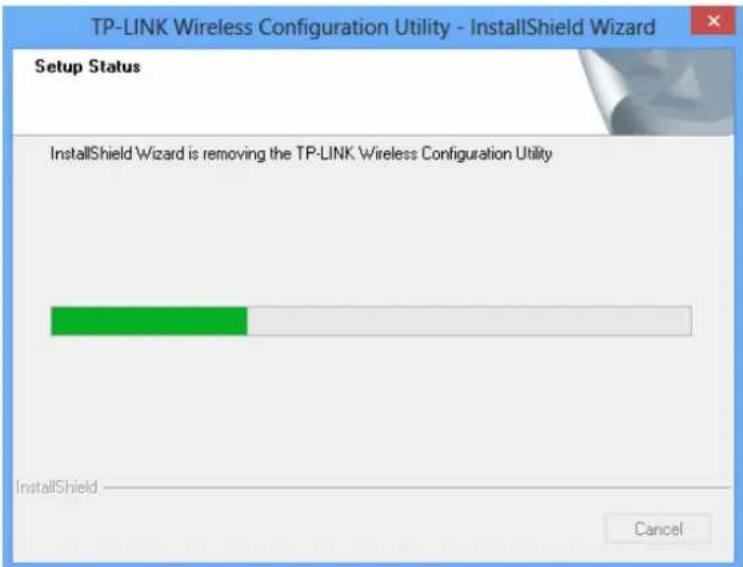 TP-LINK Wireless Configuration Utility - InstallShield Wizard Setup Status InstallShield Wizard is removing the TP-LINK Wireless Configuration Utility InstallShield Cancel