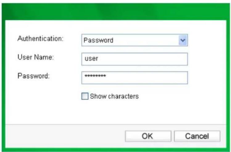 Authentication: Password User Name: user Password: ******** Show characters OK Cancel