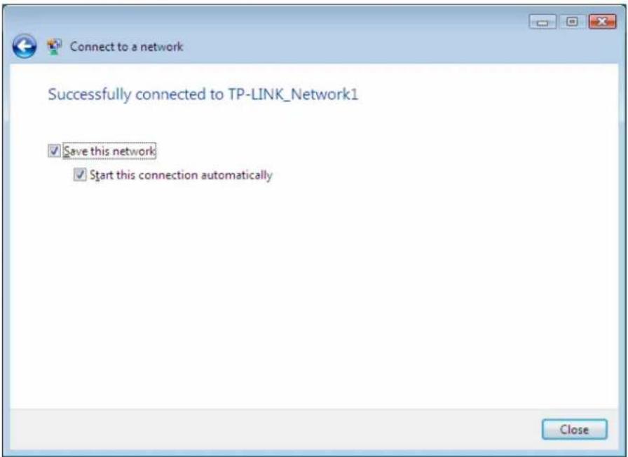 Connect to a network Successfully connected to TP-LINK_Network1 ✓ Save this network ✓ Start this connection automatically Close