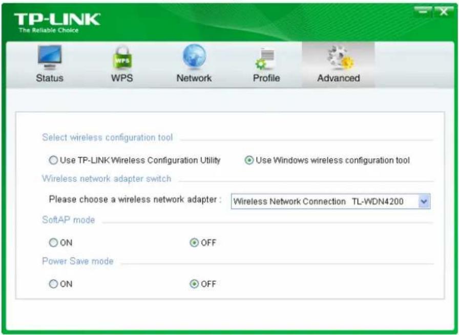 TP-LINK The Reliable Choice Status WPS Network Profile Advanced Select wireless configuration tool Use TP-LINK Wireless Configuration Utility Use Windows wireless configuration tool Wireless network adapter switch Please choose a wireless network adapter : Wireless Network Connection TL-WDN4200 SoftAP mode ON OFF Power Save mode ON OFF