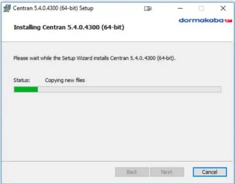 Centran 5.4.0.4300 (64-bit) Setup Installing Centran 5.4.0.4300 (64-bit) Please wait while the Setup Wizard installs Centran 5.4.0.4300 (64-bit). Status: Copying new files Back Next Cancel