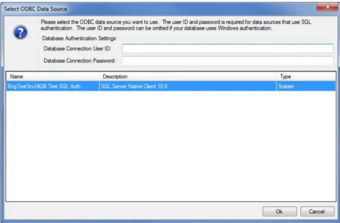 Select ODBC Data Source Please select the ODBC data source you want to use. The user ID and password is required for data sources that use SQL authentication. The user ID and password can be omitted if your database uses Windows authentication. Database Authentication Settings Database Connection User ID: Database Connection Password: Name Description Type EngTestSrv24GB Test SQL Auth SQL Server Native Client 10.0 System Ok Cancel
