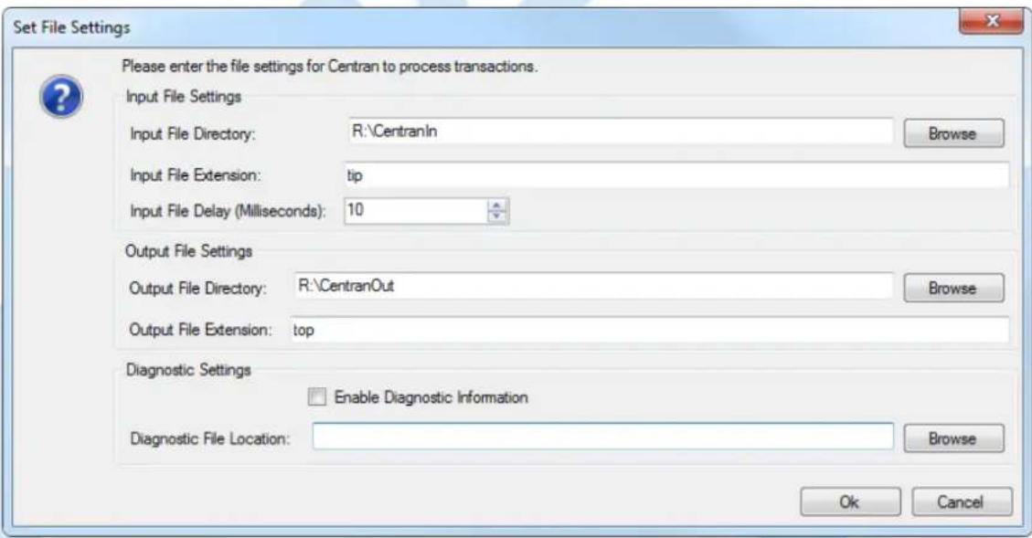 Set File Settings Please enter the file settings for Centran to process transactions. Input File Settings Input File Directory: R:\CentranIn Browse Input File Extension: tip Input File Delay (Milliseconds): 10 Output File Settings Output File Directory: R:\CentranOut Browse Output File Extension: top Diagnostic Settings Enable Diagnostic Information Diagnostic File Location: Browse Ok Cancel
