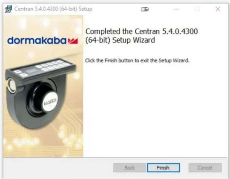 Centran 5.4.0.4300 (64-bit) Setup dormakaba Completed the Centran 5.4.0.4300 (64-bit) Setup Wizard Click the Finish button to exit the Setup Wizard. Back Finish Cancel