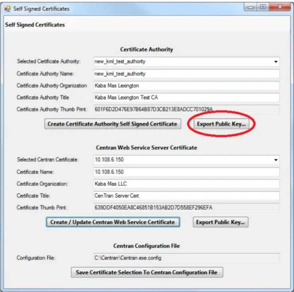 Self Signed Certificates Certificate Authority Selected Certificate Authority: new_kml_test_authority Certificate Authority Name: new_kml_test_authority Certificate Authority Organization Kaba Mas Lexington Certificate Authority Title Kaba Mas Lexington Test CA Certificate Authority Thumb Print: 601F6D2D476E97B64B87D3CB213E8ADCC701029A Create Certificate Authority Self Signed Certificate Export Public Key... Centran Web Service Server Certificate Selected Centran Certificate: 10.108.6.150 Certificate Name: 10.108.6.150 Certificate Organization: Kaba Mas LLC Certificate Title: CenTran Server Cert Certificate Thumb Print: 639DDF4050EA8C46851B153AB2D7D558EF296EFA Create / Update Centran Web Service Certificate Export Public Key... Centran Configuration File Configuration File: C:\Centran\Centran.exe.config Save Certificate Selection To Centran Configuration File