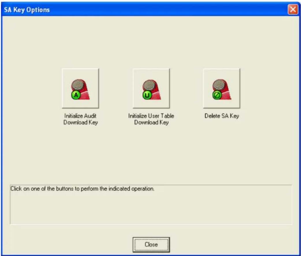 SA Key Options Initialize Audit Download Key Initialize User Table Download Key Delete SA Key Click on one of the buttons to perform the indicated operation. Close