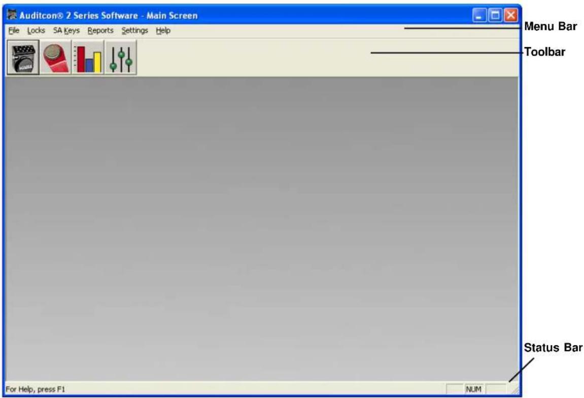 Auditcon® 2 Series Software - Main Screen File Locks SA Keys Reports Settings Help Menu Bar Toolbar Status Bar For Help, press F1 NUM