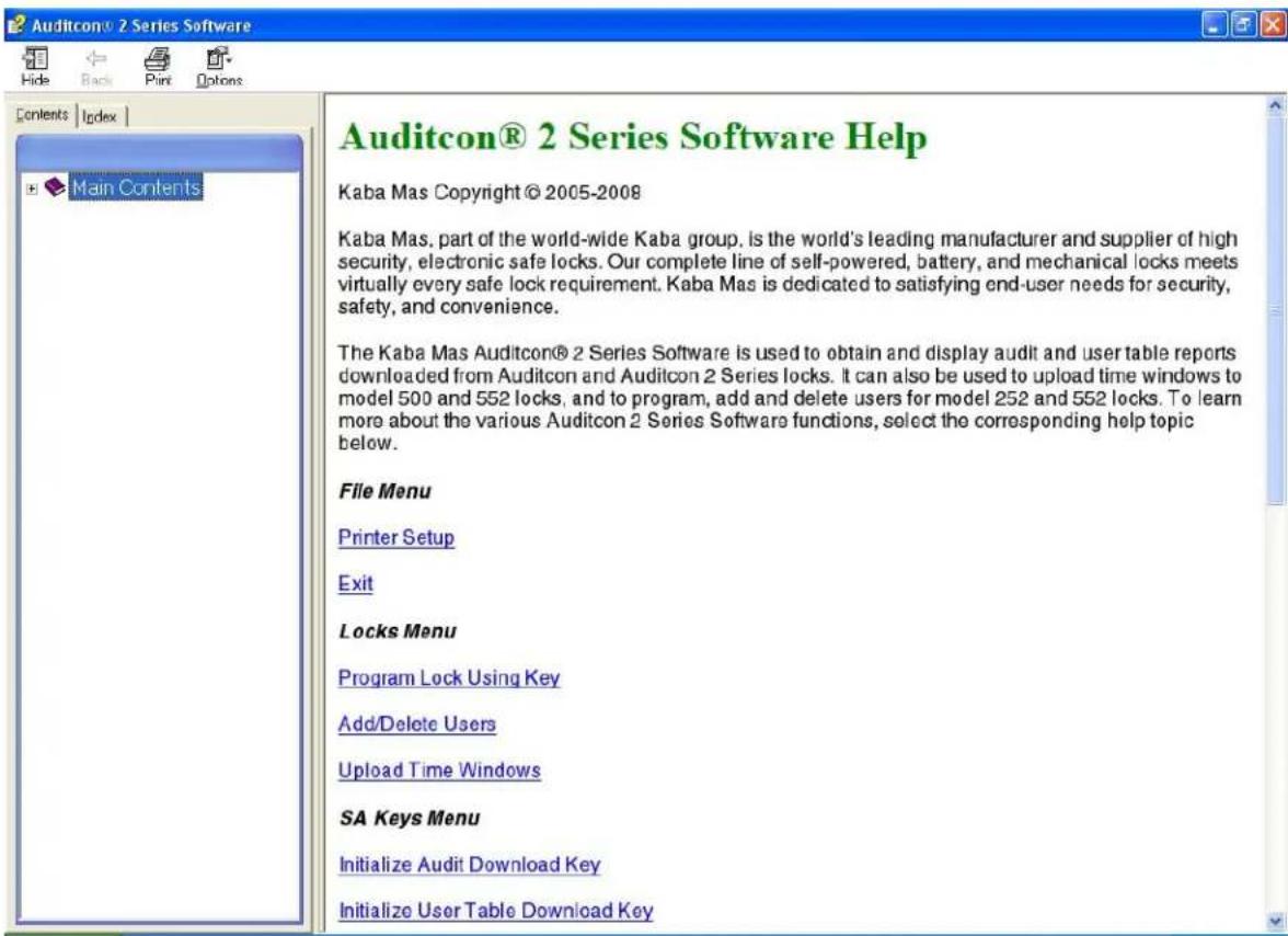 Auditcon® 2 Series Software Help Kaba Mas Copyright © 2005-2008 Kaba Mas, part of the world-wide Kaba group, is the world's leading manufacturer and supplier of high security, electronic safe locks. Our complete line of self-powered, battery, and mechanical locks meets virtually every safe lock requirement. Kaba Mas is dedicated to satisfying end-user needs for security, safety, and convenience. The Kaba Mas Auditcon® 2 Series Software is used to obtain and display audit and user table reports downloaded from Auditcon and Auditcon 2 Series locks. It can also be used to upload time windows to model 500 and 552 locks, and to program, add and delete users for model 252 and 552 locks. To learn more about the various Auditcon 2 Series Software functions, select the corresponding help topic below. File Menu Printer Setup Exit Locks Menu Program Lock Using Key Add/Delete Users Upload Time Windows SA Keys Menu Initialize Audit Download Key Initialize User Table Download Key