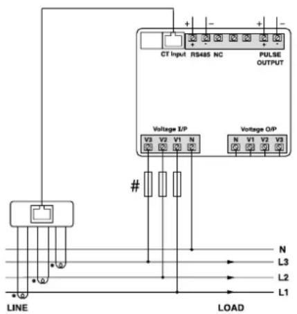 CT Input RS485 NC PULSE OUTPUT Voltage I/P Voltage OP V3 V2 V1 N # N L3 L2 L1 LINE LOAD