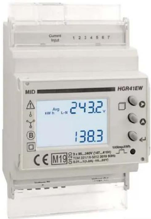 Current Input 1 2 3 4 5 6 7 MID HGR41EW Avg kW h L-N 243.2 V 138.3 CE M19 0120 3 x 85...340V (147...415V) TCM 221/18-5612 2019 60Hz 9.01-1(1-2A) -18...55°C 100kWh/Wh