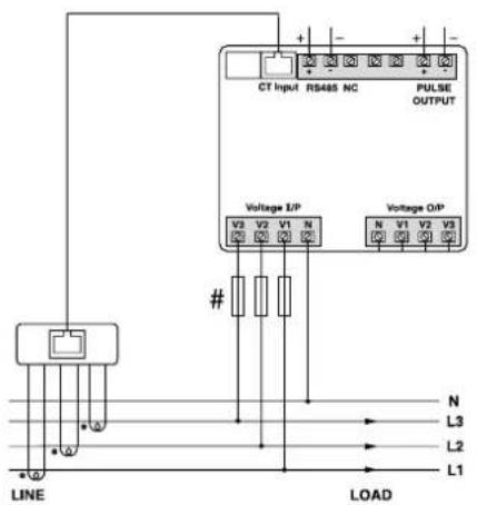 CT Input RS485 NC PULSE OUTPUT Voltage E/P Voltage O/P V2 V2 V1 N # N L3 L2 L1 LINE LOAD