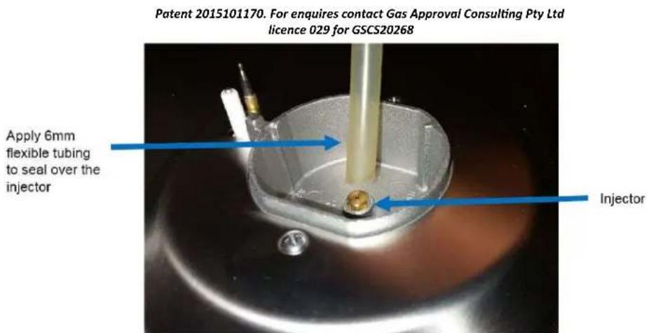 Patent 2015101170. For enquires contact Gas Approval Consulting Pty Ltd licence 029 for GSCS20268 Apply 6mm flexible tubing to seal over the injector Injector
