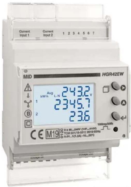 Current Input 1 Current Input 2 1 2 3 4 5 6 7 MID HGR42EW Avg kW h L-N 243.2 V 2345.7 23.6 CE M19 01:20 3 x 85...240V (147...410V) TCM 221/18-5012 2019 50Hz 0.01...1(1.3A) -16...55°C 100mp/3/h