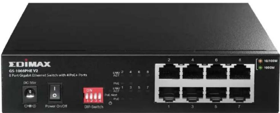 EDIMAX GS-1008PHE V2 8 Port Gigabit Ethernet Switch with 4 PoE+ Ports DC 55V Power On/Off ON 1 2 3 4 DIP-Switch LINK/2 ACT PSE LINK/1 ACT PoE Alert PoE 2 4 6 8 1 3 5 7 10/100M 1000M