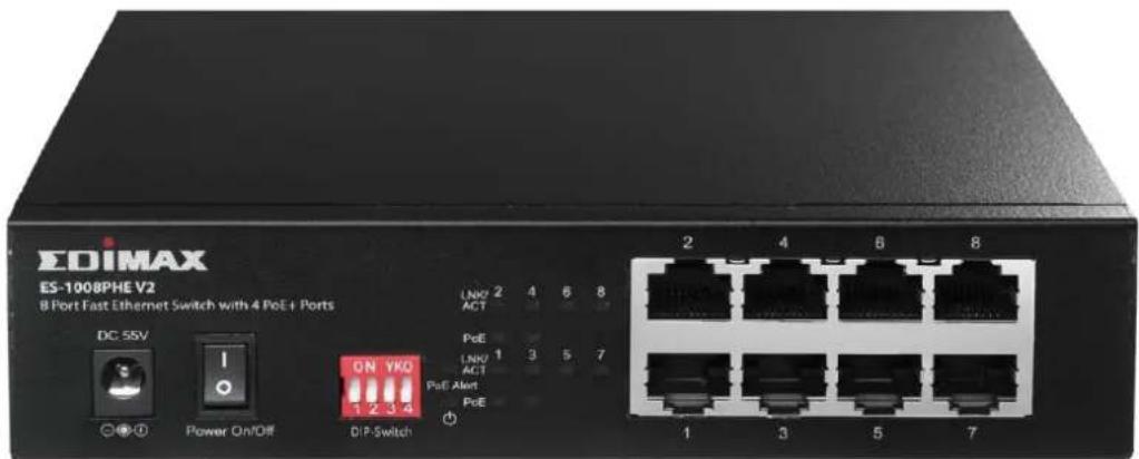 EDIMAX ES-1008PHE V2 8 Port Fast Ethernet Switch with 4 PoE+ Ports DC 55V Power On/Off ON YKO 1 2 3 4 DIP Switch LNK/2 2 4 6 8 ACT PoE LNK/1 1 3 5 7 ACT PoE Alert PoE 1 3 5 7
