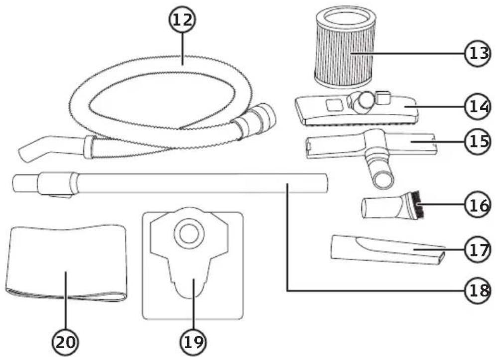 Technical diagram of a hair dryer with numbered parts for identification
