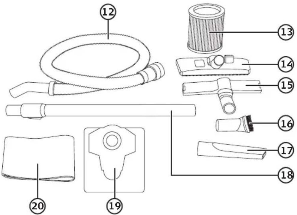 Exploded view diagram of a hair dryer with numbered parts for identification