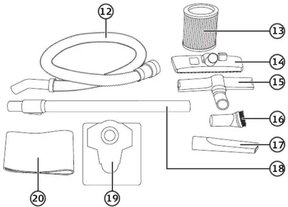 Technical diagram of a hair dryer with numbered parts for identification