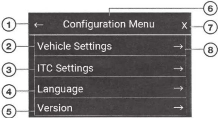 Scosche ITCFD05B - MENU Press the MENU button (Page 11 Fig.4, #8) to access Configuration Menu Vehicle/Interface/Language/Version Settings - 1