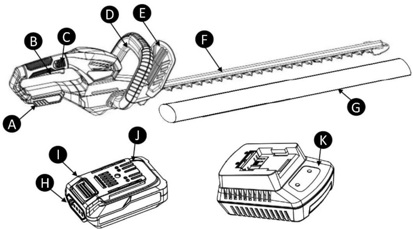 Technical diagram of a hair clip assembly with labeled parts A through K