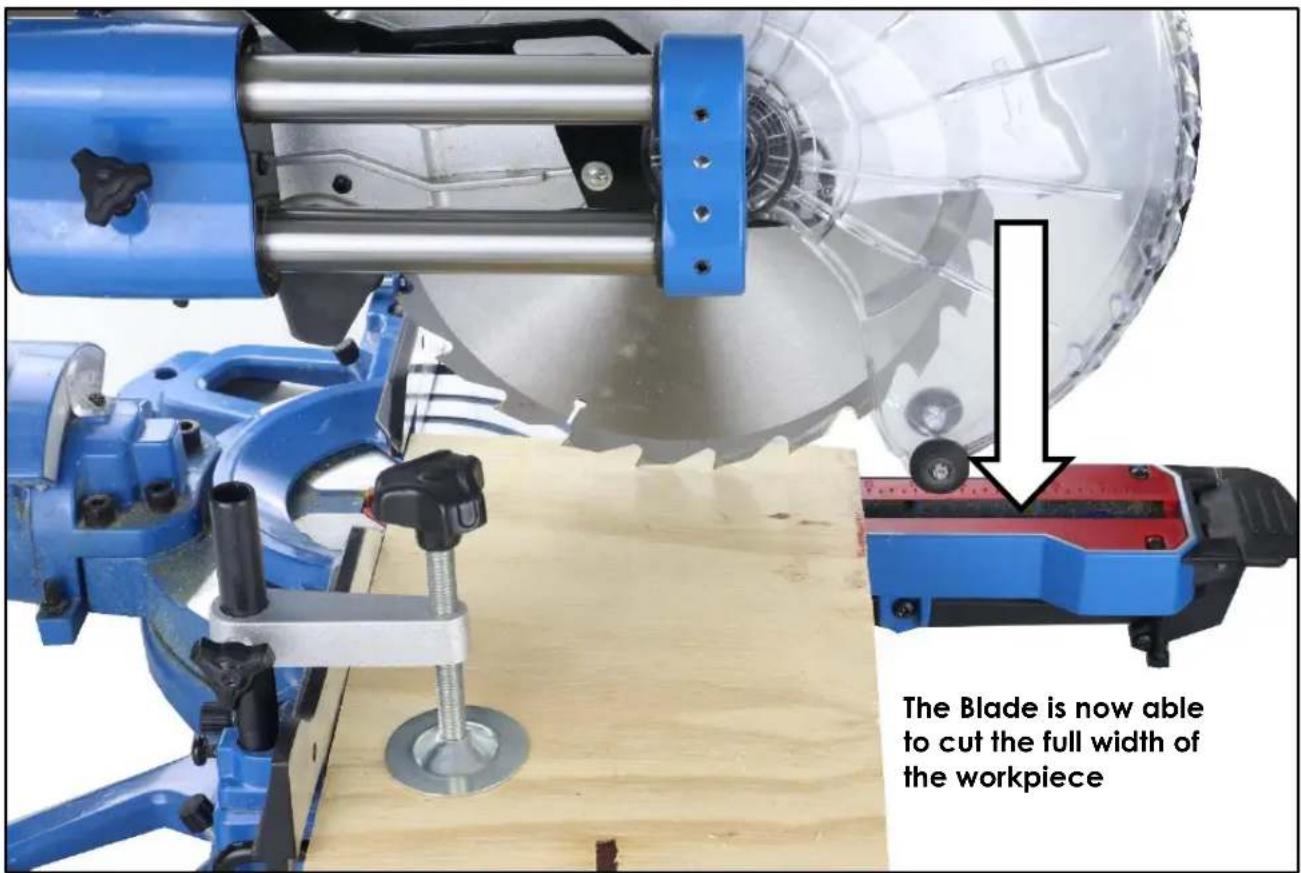 The Blade is now able to cut the full width of the workpiece