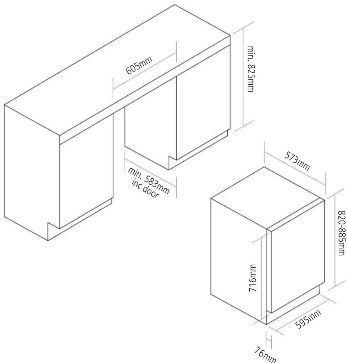 605mm min. 825mm min. 583mm inc door 573mm 820-885mm 716mm 595mm 76mm