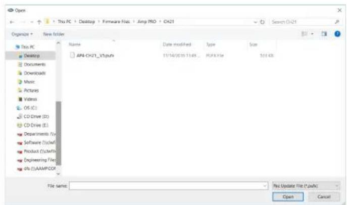 Open This PC > Desktop > Firmware Files > Amp PRO > CHK21 Organize > New Folder Name Data modified Type Size AP4-CH21_V5pubs 11/14/03/11:49_PUPX.PSe 551 GB File name: Proc Update File (*.push) Open Cancel