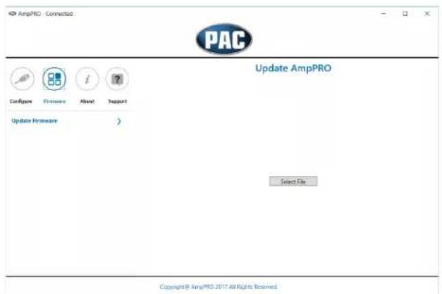 AmpPRO - Connected PAC Update AmpPRO Configure Features About Support Update Firmware > Select File Copyright© AmpPRO 2017 All Rights Reserved.