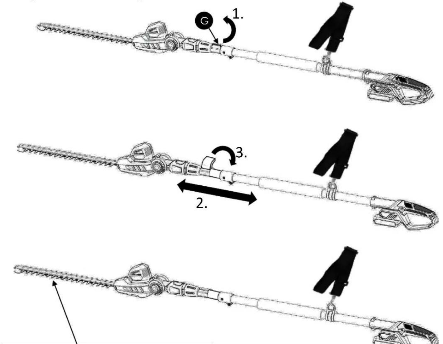 Technical diagram showing three sequential steps of a hairless tool with labeled components and directional arrows.