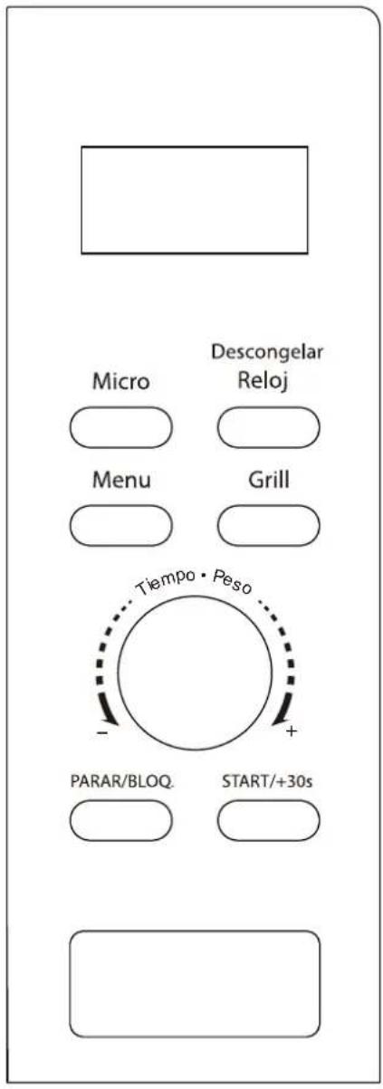 Micro Descongelar Reloj Menu Grill Tiempo · Peso PARAR/BLOQ. START/+30s