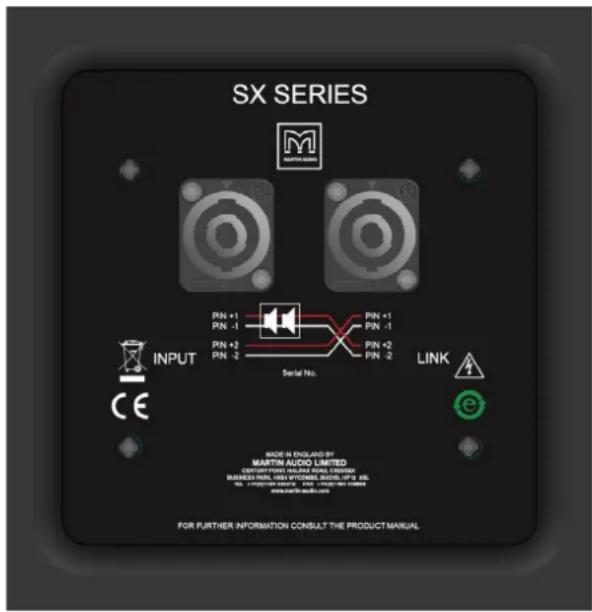 SX SERIES M MARTIN AUDIO INPUT CE PIN +1 PIN -1 PIN +2 PIN -2 Serial No. PIN +1 PIN -1 PIN +2 PIN -2 LINK Made in England by MARTIN AUDIO LIMITED ENGLISH NAME: MARTIN AUDIO BUSINESS NO.: 100 VYCOMMER, BIOS, IPF 35 NO. 162027-01-0000, FAT: 162027-01-0000 www.martin.com.cn FOR FURTHER INFORMATION CONSULT THE PRODUCT MANUAL