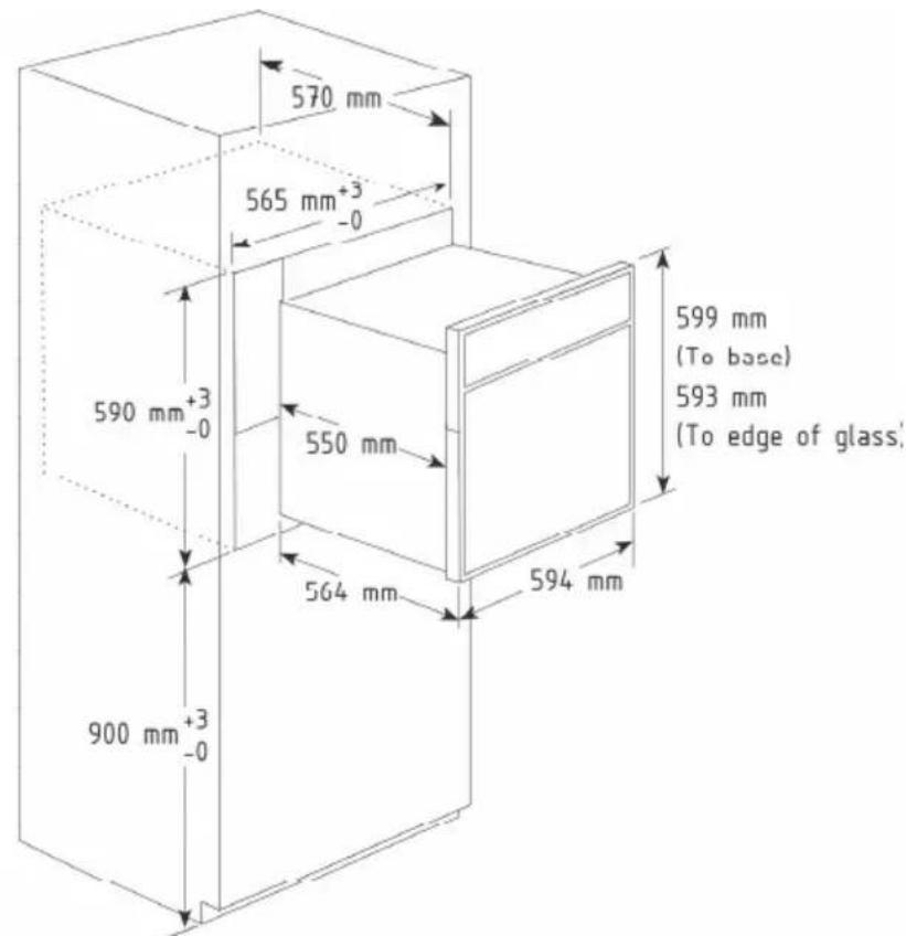 570 mm 565 mm+3 -0 590 mm+3 -0 550 mm 594 mm 599 mm (To base) 593 mm (To edge of glass) 900 mm+3 -0