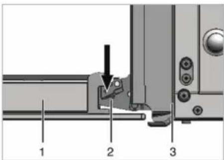 Technical diagram showing a mechanical assembly with numbered components and an arrow indicating a specific feature.