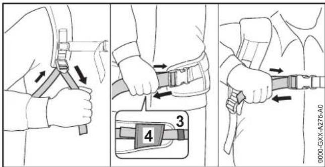 Medical illustration showing three steps of a person's seatbelt buckle replacement, with numbered instructions and instructional arrows.