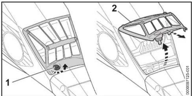 Technical diagram showing two views of a car interior with labeled components and directional arrows indicating movement or flow.